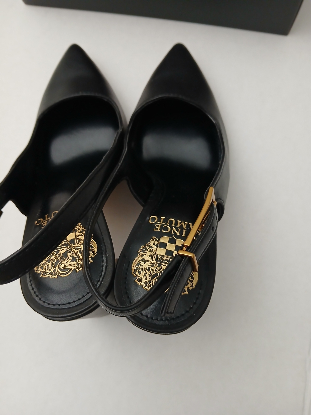 Vince Camuto Black Leather Pointed Slingback Pumps with Gold Buckles - Picture 7 of 11